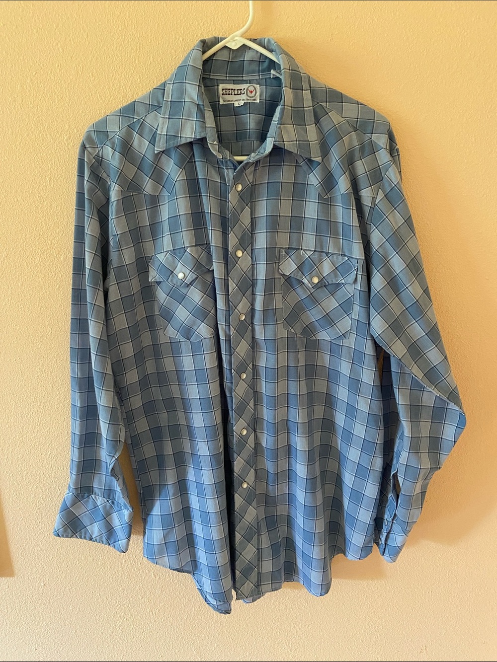 Mens Sheplers Pearl Snap Blue Plaid Western Shirt, Long Sleeve, Size Large